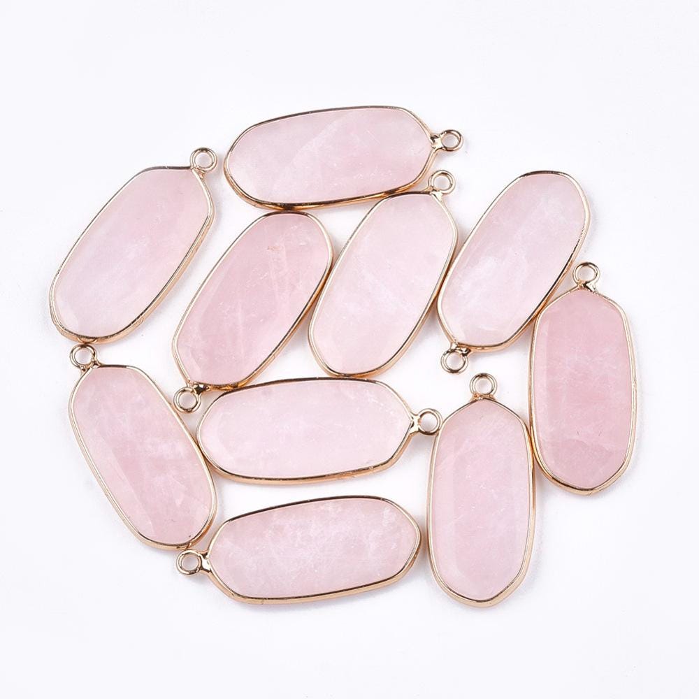 Gold Plated Brass Surround Rose Quartz Oval Gemstone Pendant - 36x15mm - (4667)
