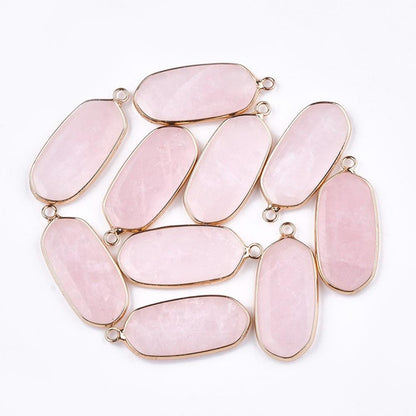 Gold Plated Brass Surround Rose Quartz Oval Gemstone Pendant - 36x15mm - (4667)