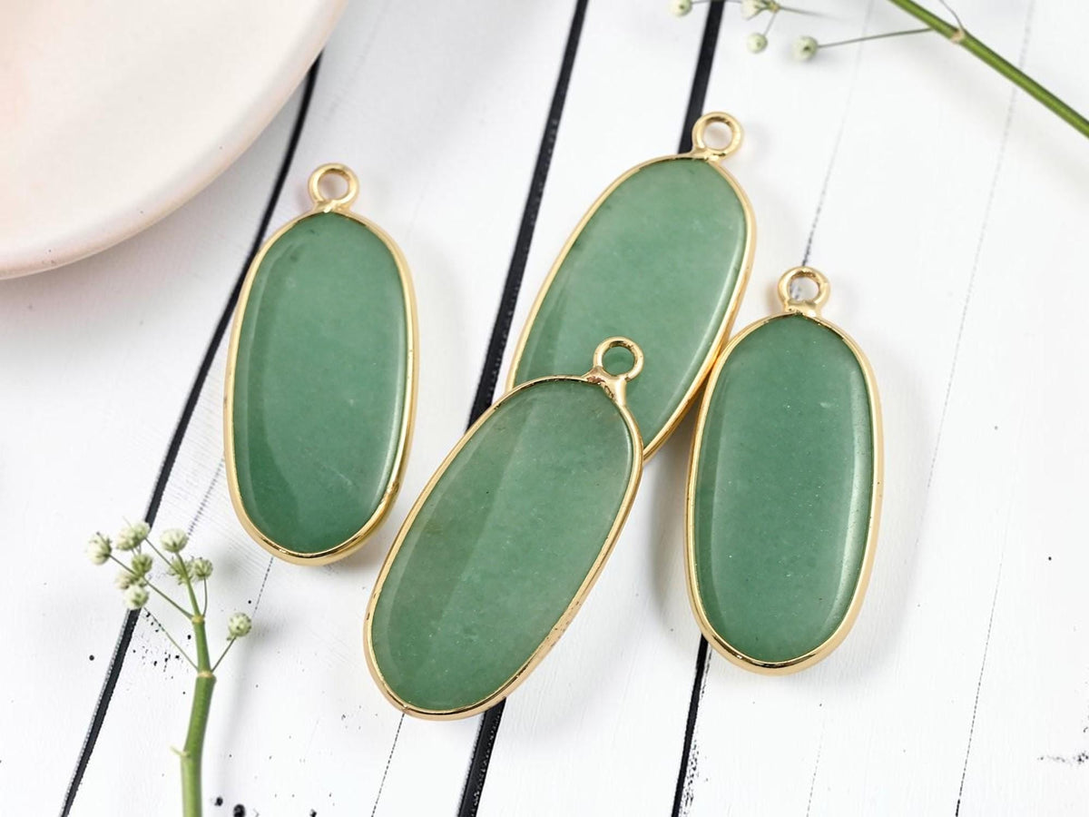 Gold Plated Brass Surround Green Aventurine Oval Gemstone Pendant - 36x15mm - (4877)