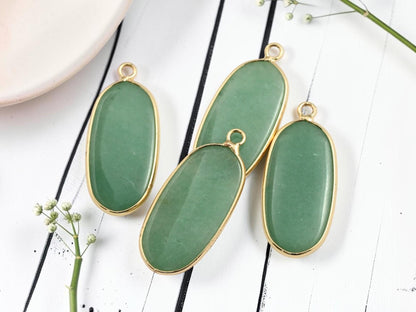 Gold Plated Brass Surround Green Aventurine Oval Gemstone Pendant - 36x15mm - (4877)