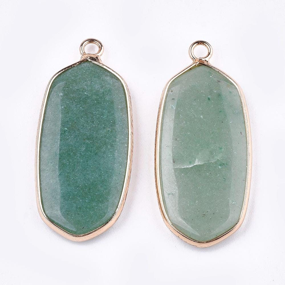 Gold Plated Brass Surround Green Aventurine Oval Gemstone Pendant - 36x15mm - (4877)