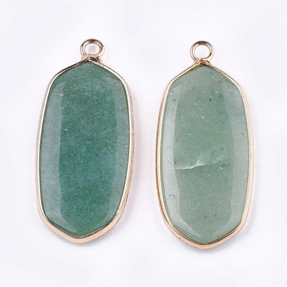 Gold Plated Brass Surround Green Aventurine Oval Gemstone Pendant - 36x15mm - (4877)