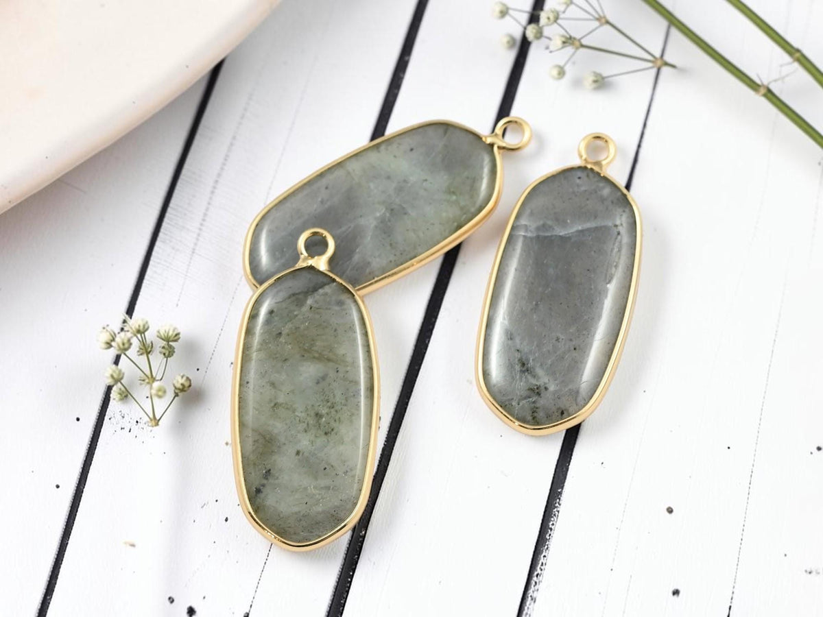 Gold Plated Brass Surround Labradorite Oval Gemstone Pendant - 36x15mm - (2394)