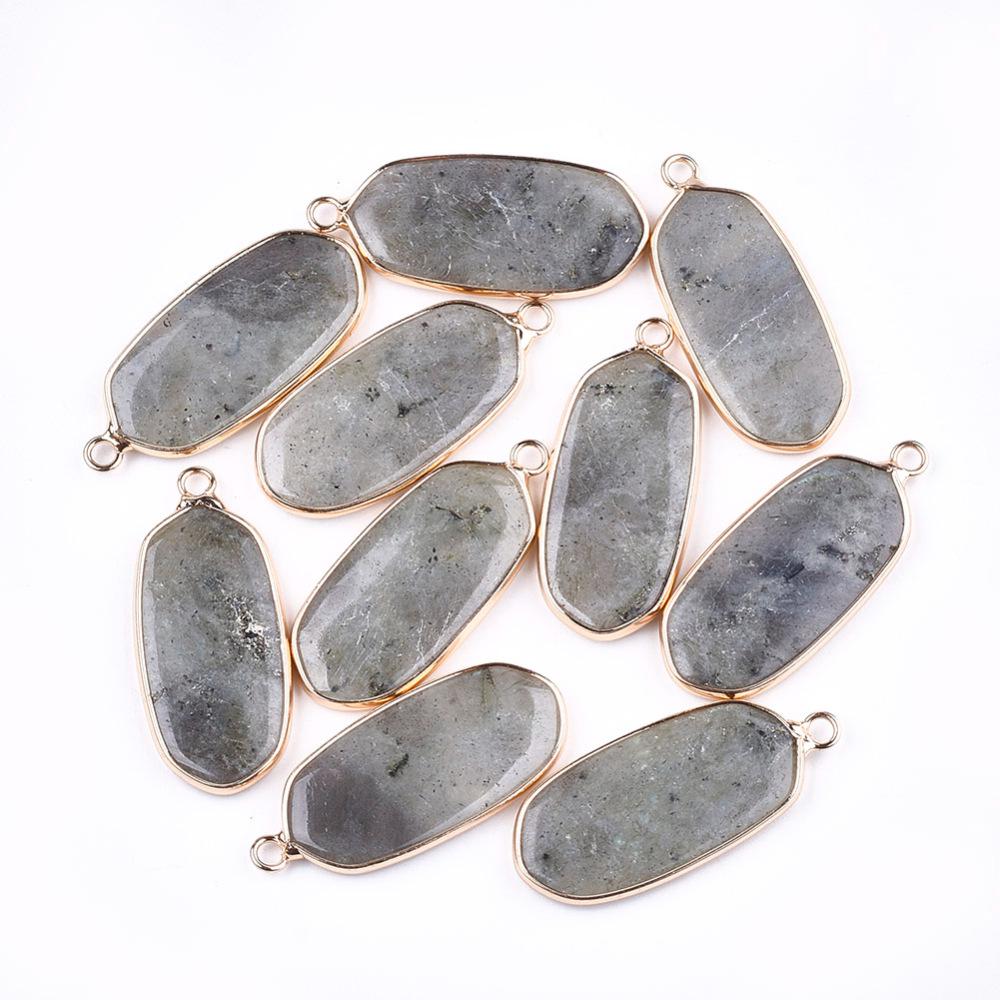 Gold Plated Brass Surround Labradorite Oval Gemstone Pendant - 36x15mm - (2394)