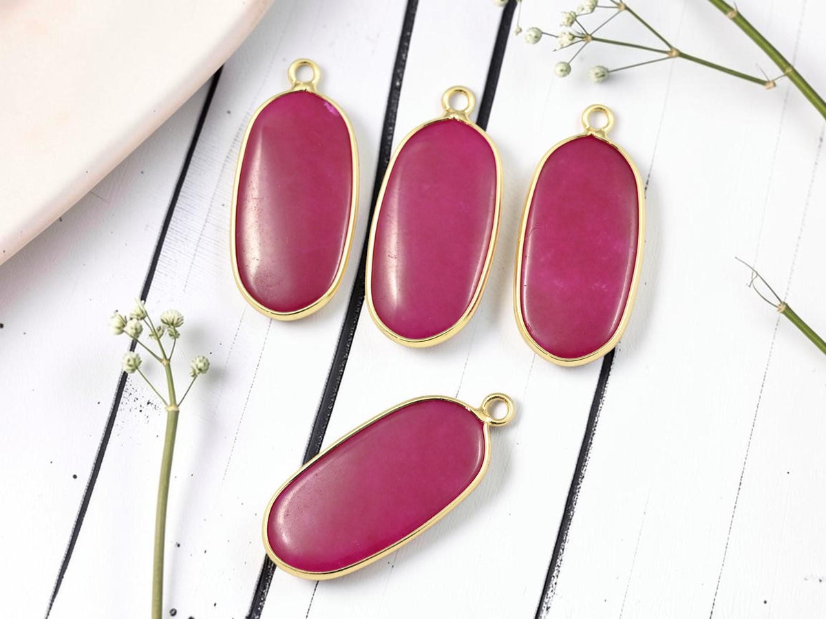 Gold Plated Brass Surround Dyed Fuchsia Jade Oval Gemstone Pendant - 36x15mm - (4127)