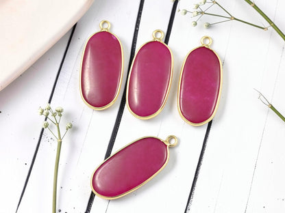 Gold Plated Brass Surround Dyed Fuchsia Jade Oval Gemstone Pendant - 36x15mm - (4127)