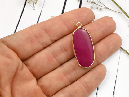 Gold Plated Brass Surround Dyed Fuchsia Jade Oval Gemstone Pendant - 36x15mm - (4127)
