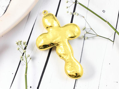 Gold Plated Brass Surround Soldered Rainbow Moonstone Cross Gemstone Pendant - 60x36mm - 1pc - (4890)