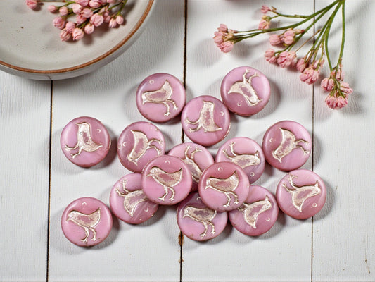 *15* 12mm Platinum Washed Varigated Pink Silk Bird Coin Beads