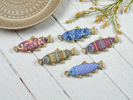 27x11mm Gold Plated Multicolor Enamel Fish Charms - 10pcs