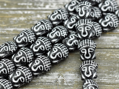 *4* 15x14mm Silver Washed Jet Black Buddha Head Beads
