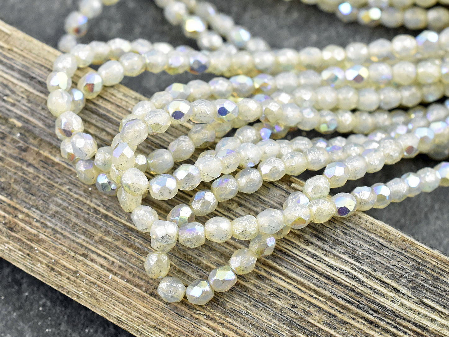 *50* 4mm Silver Mercury Washed Ivory Opal AB Fire Polished Round Beads