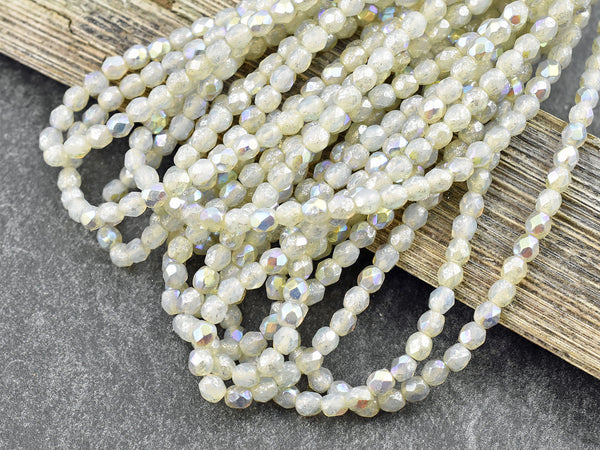 *50* 4mm Silver Mercury Washed Ivory Opal AB Fire Polished Round Beads