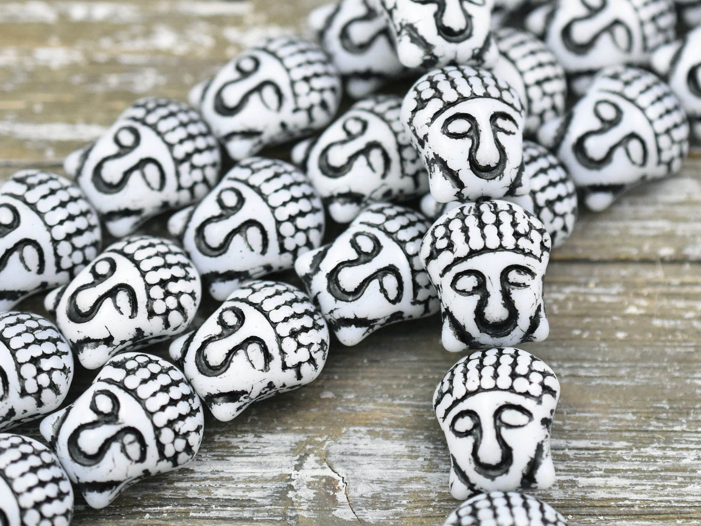 *4* 15x14mm Black Washed White Buddha Head Beads