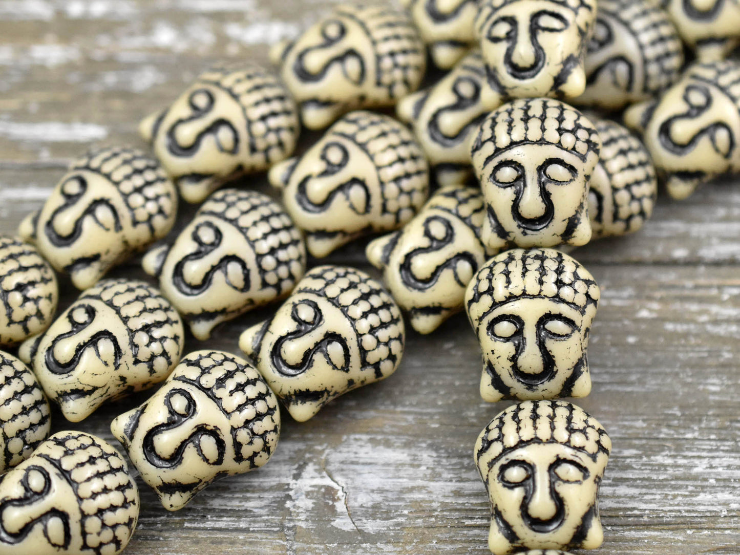 *4* 15x14mm Black Washed Opaque Beige Buddha Head Beads