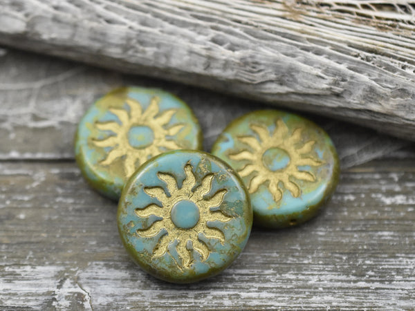 21mm Gold Washed Green Turquoise Picasso Sun Design Coin Beads