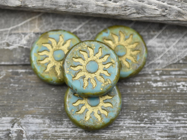 21mm Gold Washed Green Turquoise Picasso Sun Design Coin Beads