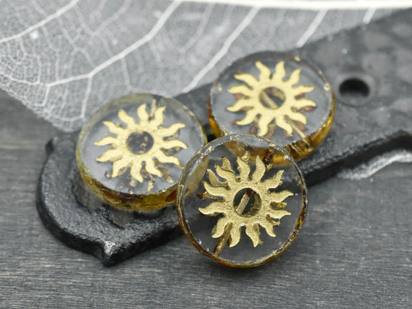 21mm Gold Washed Crystal Picasso Table Cut Sun Design Coin Beads - 2 Beads