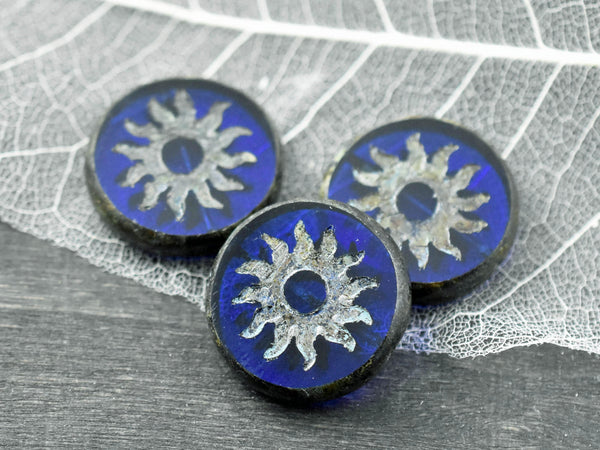 21mm Cobalt Picasso Table Cut Sun Design Coin Beads
