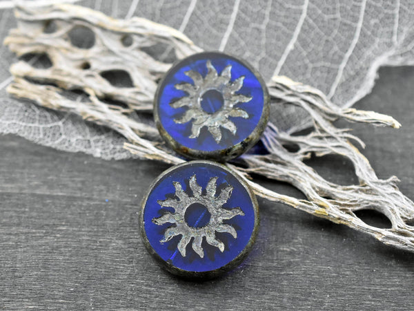 21mm Cobalt Picasso Table Cut Sun Design Coin Beads
