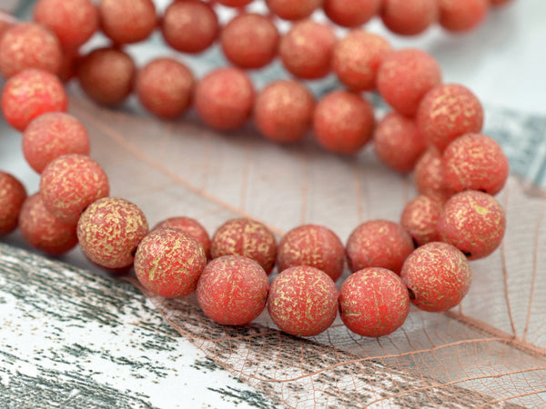 Gold Washed Etched Crimson Red Round Druk Beads