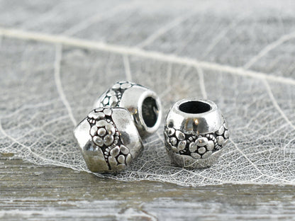 *10* 10x8mm Antique Silver Large Hole Floral Barrel Beads