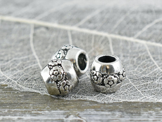 *10* 10x8mm Antique Silver Large Hole Floral Barrel Beads