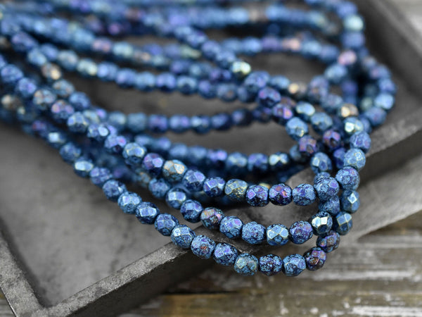 *50* 4mm Etched Blue Iris Fire Polished Round Beads