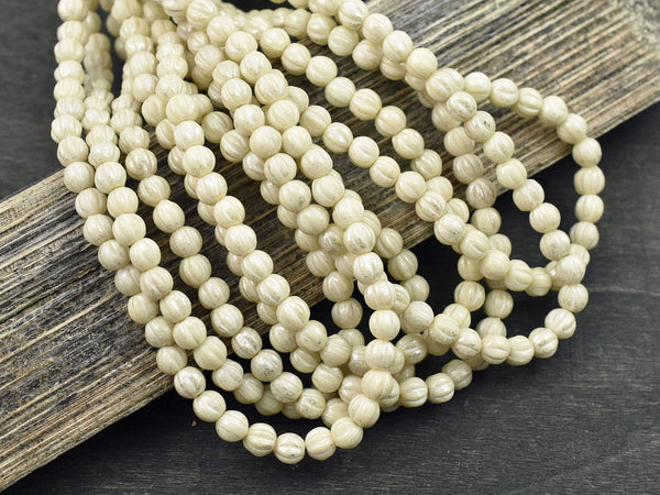 *50* 4mm Silver Mercury Washed Opaque Ivory Fluted Round Melon Beads