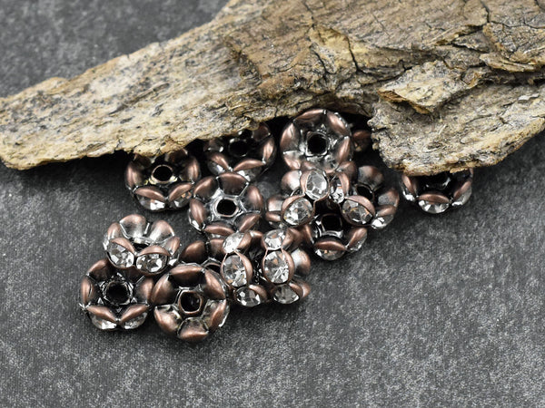 Antique Copper w/ Crystal Rhinestone Wavey Edge Rondelle Spacer Beads