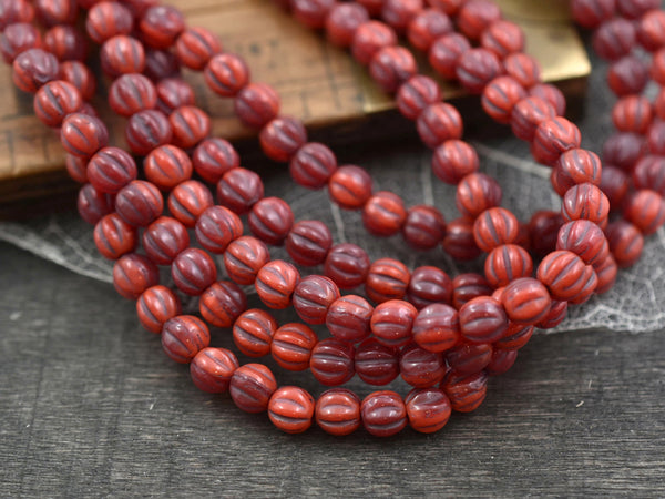 *50* 4mm Brown Washed Ladybug Red Round Melon Beads