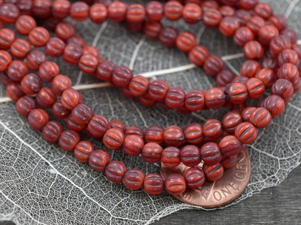 *50* 4mm Brown Washed Ladybug Red Round Melon Beads