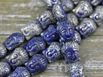 *4* 15x14mm Silver Travertine Washed Navy Blue Buddha Head Beads