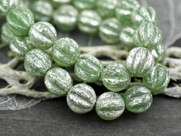 *15* 12mm Silver Mercury Washed Celadon Green Round Melon Beads