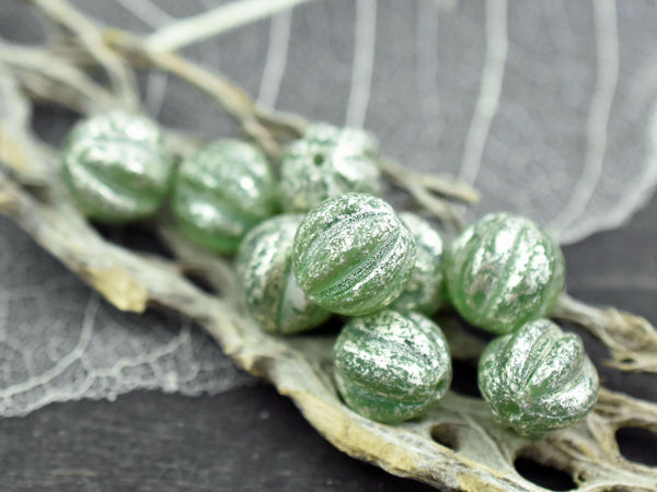 *15* 12mm Silver Mercury Washed Celadon Green Round Melon Beads