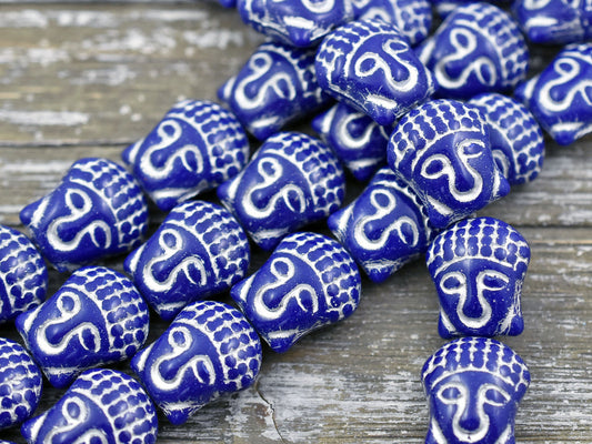 *4* 15x14mm Silver Washed Navy Blue Buddha Head Beads