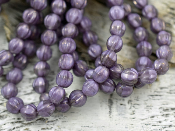 *25* 6mm Amethyst Gold Luster Fluted Round Melon Beads