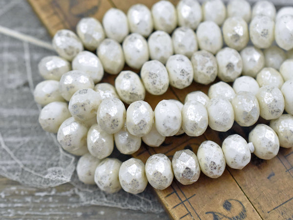 *25* 6x8mm Silver Mercury Washed Opaque Ivory Fire Polished Rondelle Beads