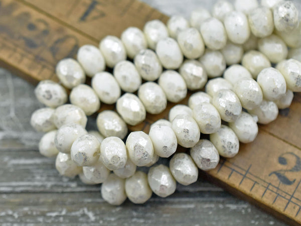 *25* 6x8mm Silver Mercury Washed Opaque Ivory Fire Polished Rondelle Beads