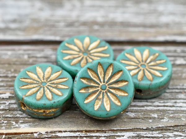 *6* 12mm Gold Washed Green Turquoise Aster Flower Coin Beads