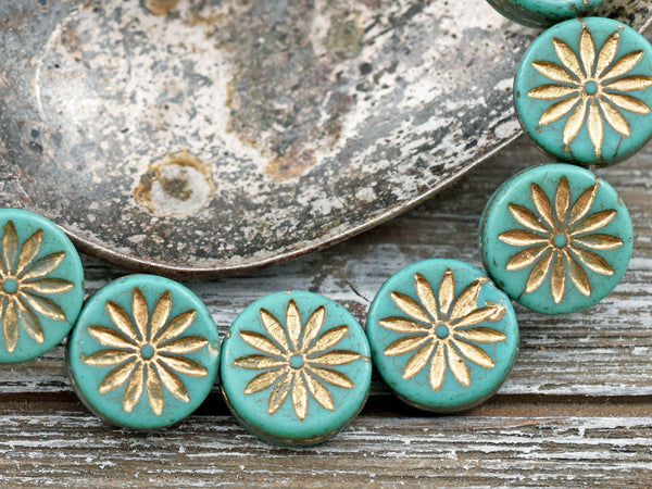 *6* 12mm Gold Washed Green Turquoise Aster Flower Coin Beads