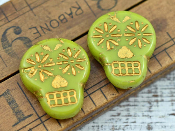 *4* 20x17mm Gold Washed Opaque Gaspeite Green Sugar Skull Beads