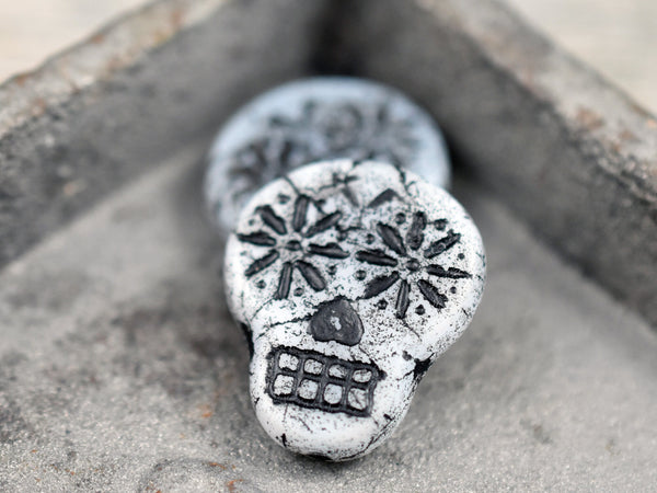 *4* 20x17mm Black Washed Matte Opaque White Sugar Skull Beads