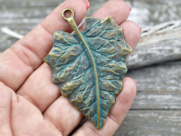 77x47mm Bronze green Patina Leaf Pendant
