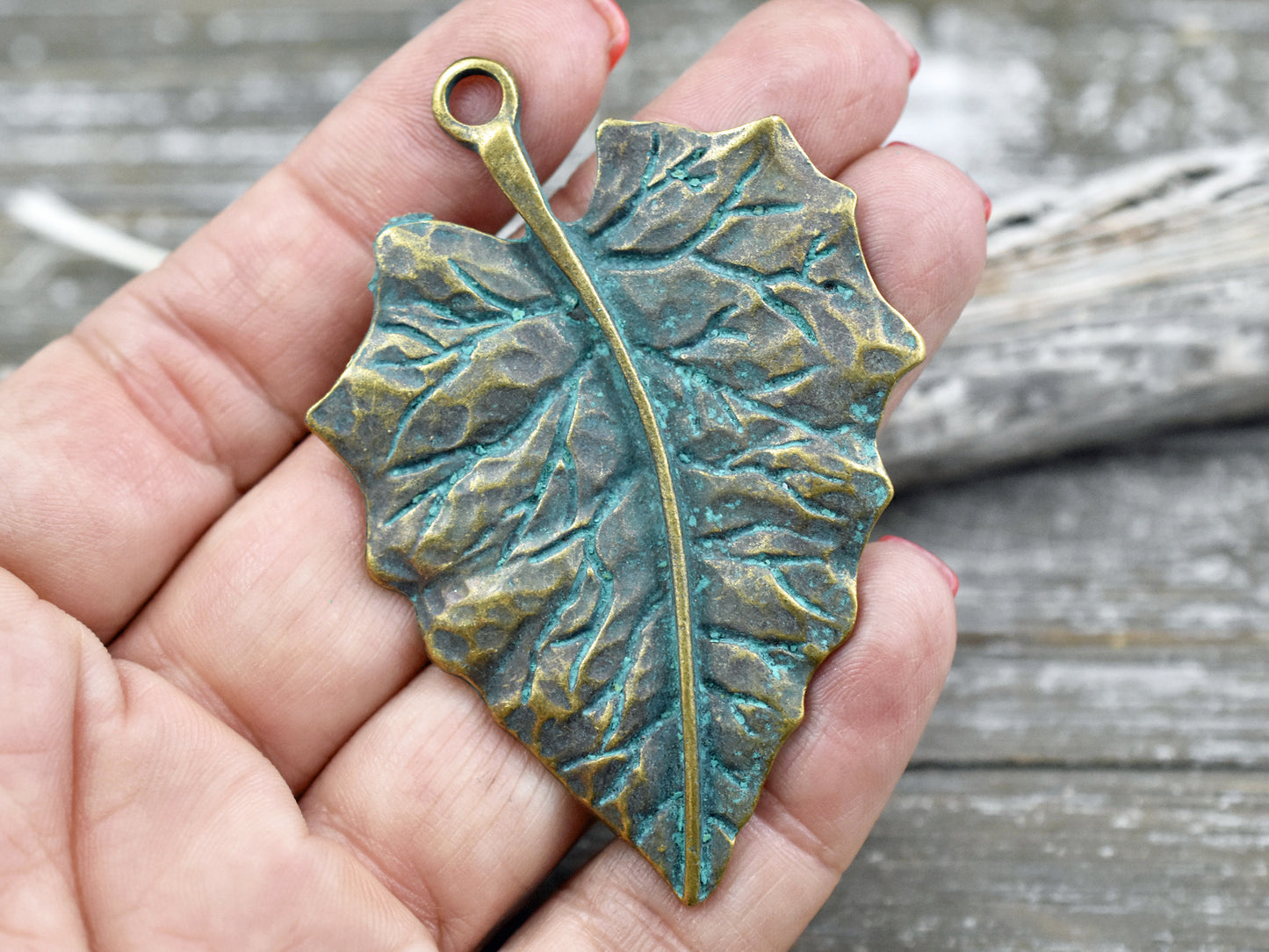 77x47mm Bronze green Patina Leaf Pendant