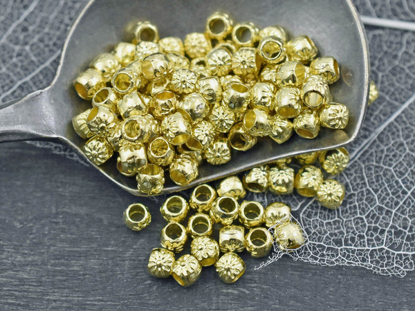 3x3mm Antique Gold Flower Barrel Spacer Beads -- Choose Your Qty