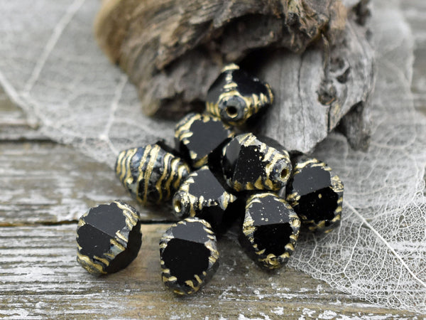 *15* 10x8mm Gold Washed Matte Black Faceted Bicone Beads