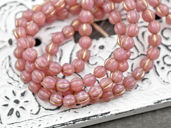 *25* 6mm Gold Washed Mauve Pink Opal Fluted Round Melon Beads