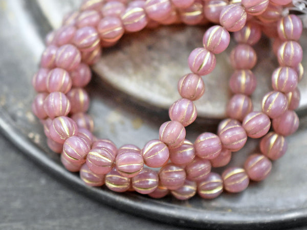 *25* 6mm Gold Washed Mauve Pink Opal Fluted Round Melon Beads