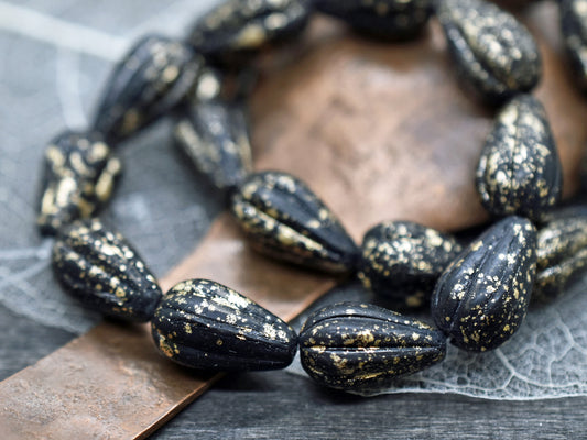 *10* 13x8mm Antique Gold Washed Matte Jet Black Melon Drop Beads